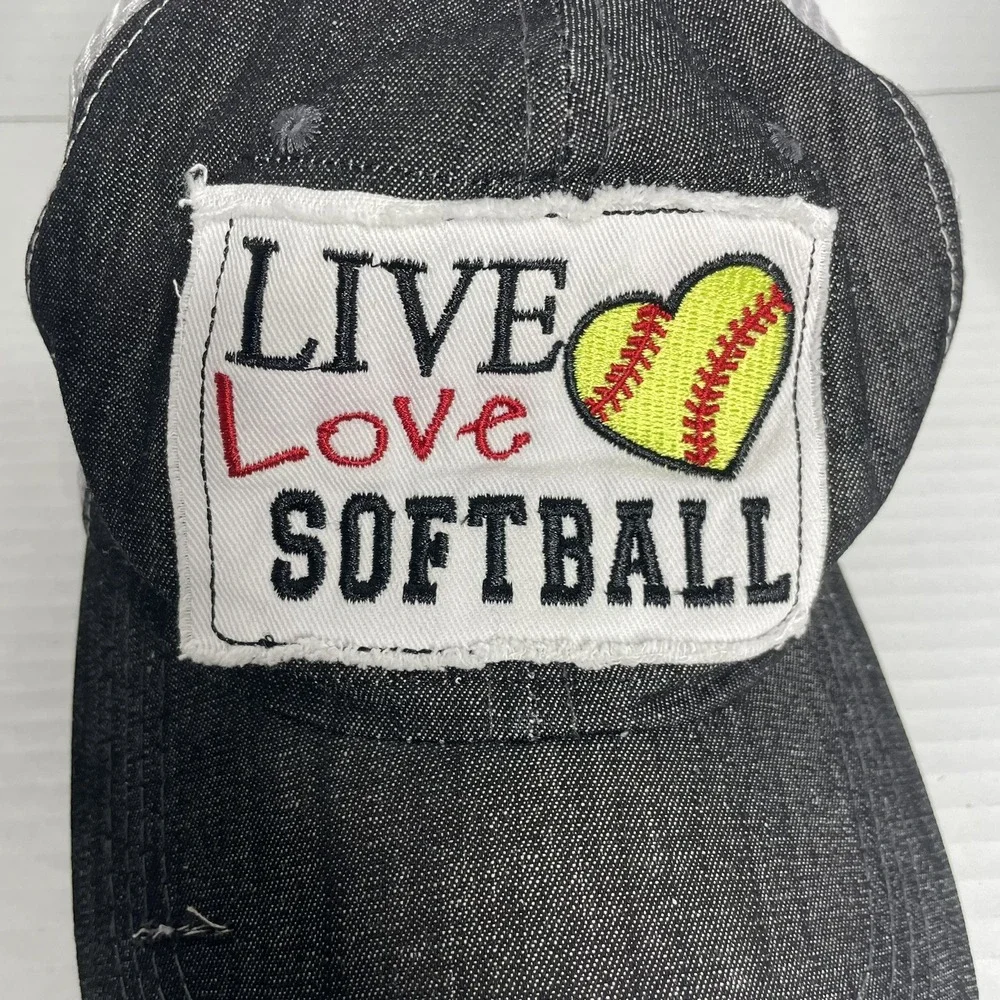 Women's Softball Mom Hat- Ball Cap‎ 'Live Love Softball' Gray/Mesh, Adjustable